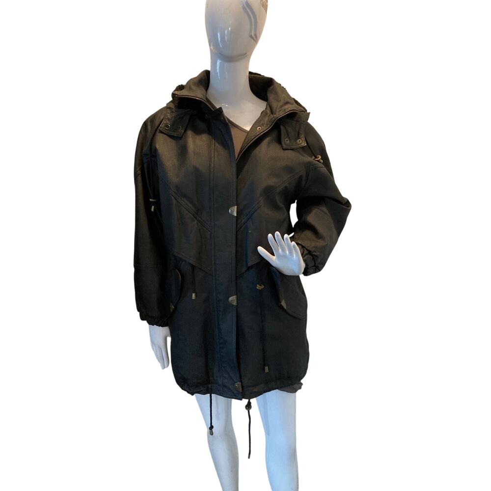 Black Genuine Leather Jacket with Hood & Faux Fur Lining - Size Medium
